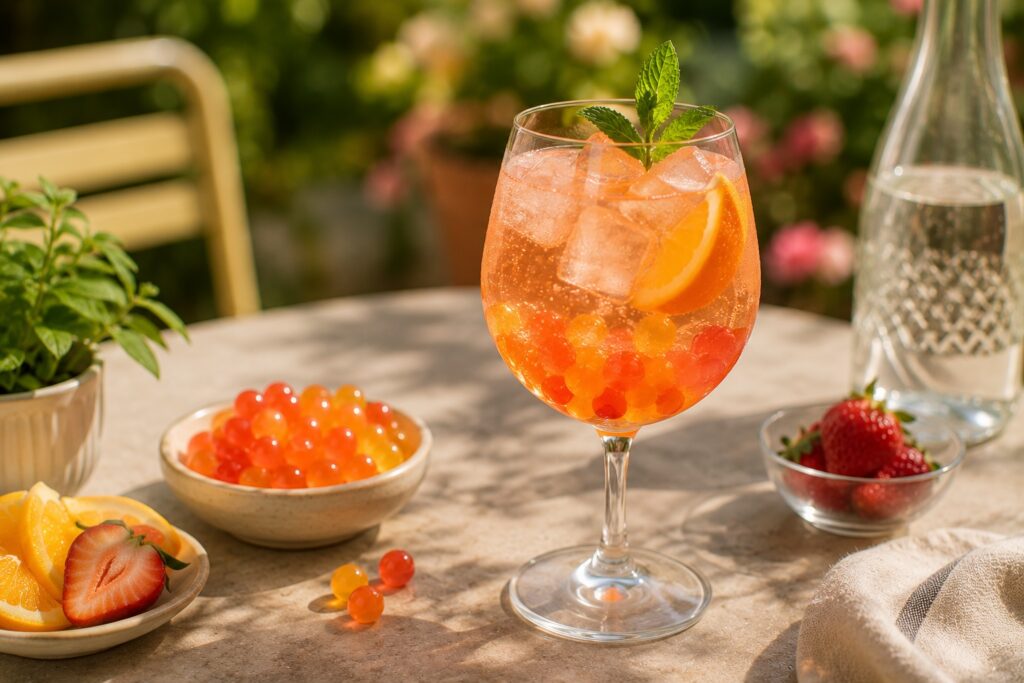 A Bursting Boba Spritz served in a large wine glass over ice with colorful fruit-filled bursting boba, an orange slice, and fresh mint.