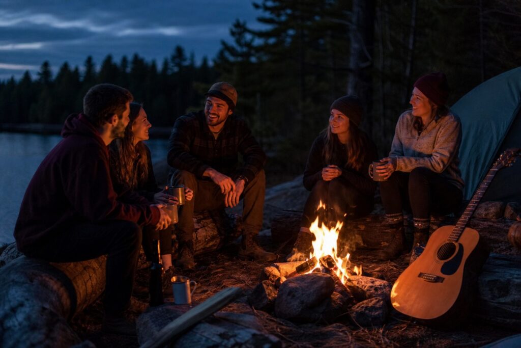 Friends around a campfire with guitar and cups at dusk.