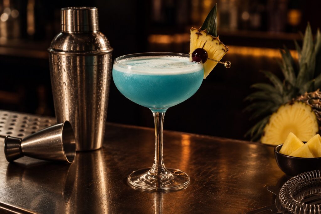 Bright blue mocktail served in a coupe glass with a pineapple wedge and cherry garnish on a warm, moody bar.