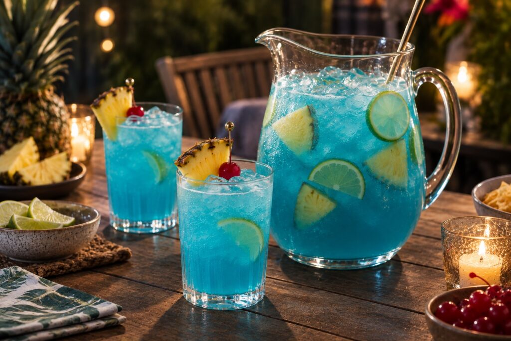 Blue tropical party punch served in a glass pitcher and ice-filled glasses on an outdoor table with pineapple, lime, and candles.