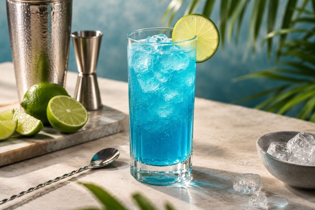 Bright blue mocktail served over ice in a highball glass with a lime wheel, surrounded by fresh limes and bar tools.