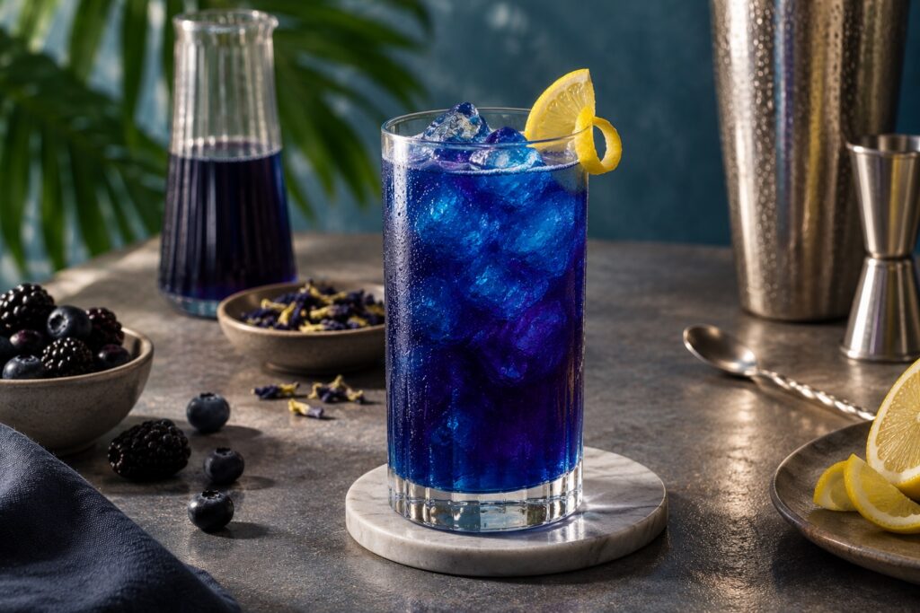 Deep blue mocktail served over ice in a highball glass with a lemon garnish, surrounded by dark berries and bar tools.