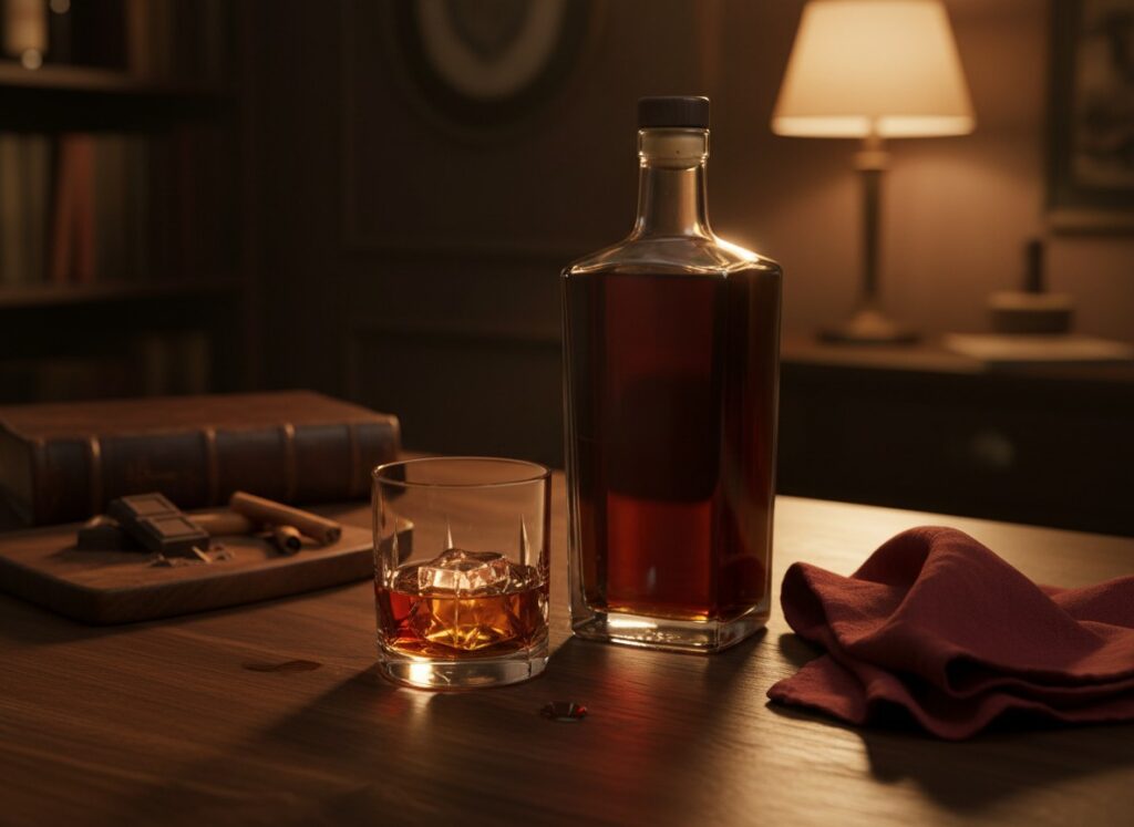 Premium aged dark rum bottle and crystal rocks glass on a dark walnut bar with chocolate, cinnamon sticks, and soft amber lamplight.