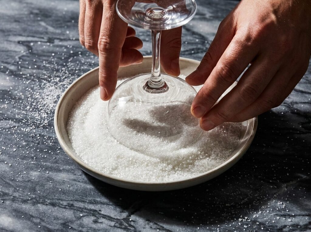 Close-up of hands pressing a coupe glass into a plate of white sugar to create an even sugar rim