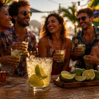 A group of friends laughs together at a sunset outdoor gathering in Brazil, holding fresh Caipirinhas around a rustic table.