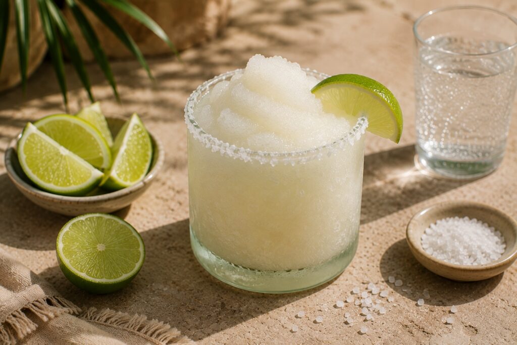 A Frozen Ranch Water served in a rocks glass with a salted rim, lime wedge, and icy slushy texture.