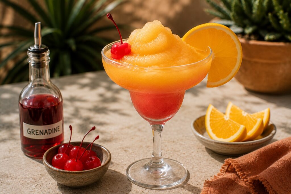 A Frozen Tequila Sunrise served in a margarita glass with vibrant orange and red layers, topped with a maraschino cherry and an orange slice.