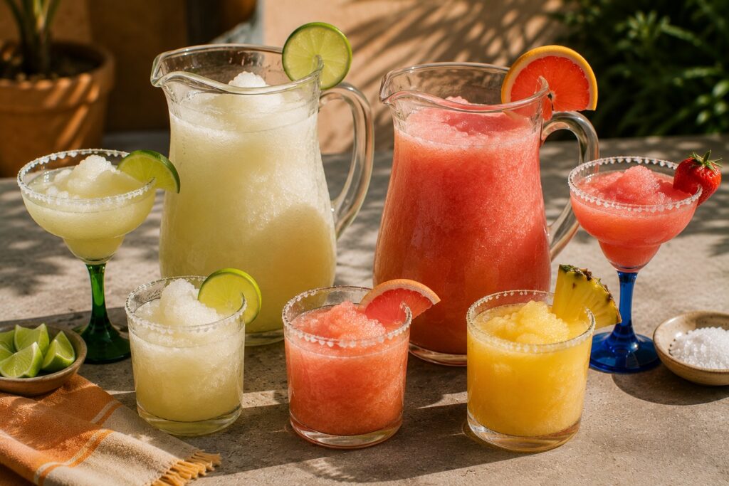 Two large pitchers of frozen cocktails, one pale lime and one pink, sit on a sunlit outdoor table surrounded by colorful frozen drinks in assorted glasses.