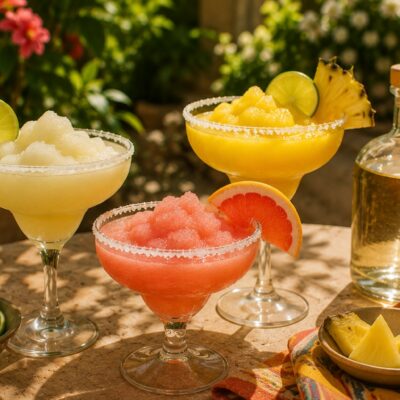 Three colorful frozen tequila cocktails in margarita glasses sit on a sunlit outdoor table alongside a clear bottle of tequila.