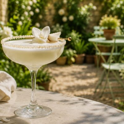 A creamy white cocktail served in a coupe glass with a white garnish and a delicate sugar-coated rim on a sunlit garden table.