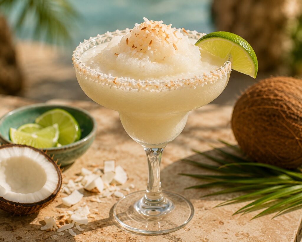 A Frozen Coconut Margarita served in a salt-rimmed margarita glass with a lime wedge and toasted coconut garnish.