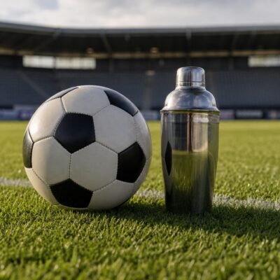 Football and cocktail shaker on a grass pitch.
