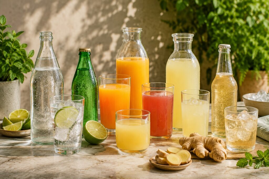 A selection of popular cocktail mixers, including sparkling water, ginger beer, lemonade, and colorful fruit juices, arranged on a sunlit outdoor table.