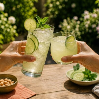 Two people clink different cucumber cocktails in a sunny garden setting.