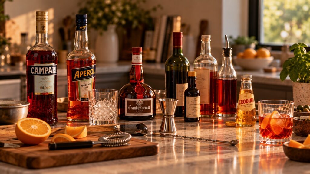 Campari, Aperol, Grand Marnier and Crodino alongside vermouth and bitters bottles, cocktail tools and citrus on a home kitchen counter.