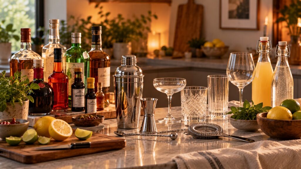 Home bar essentials arranged on a kitchen counter, including spirits, cocktail tools, assorted glassware, fresh citrus, herbs and mixers.