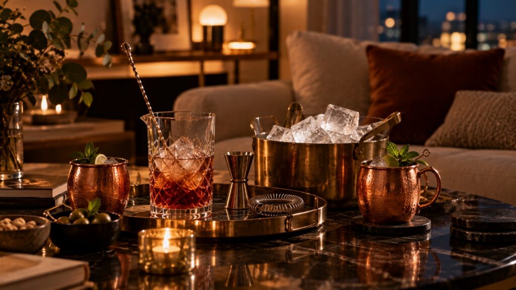 Elegant evening home bar setup on a modern living room coffee table with copper mugs, a cocktail mixing glass and a bucket filled with large ice cubes.