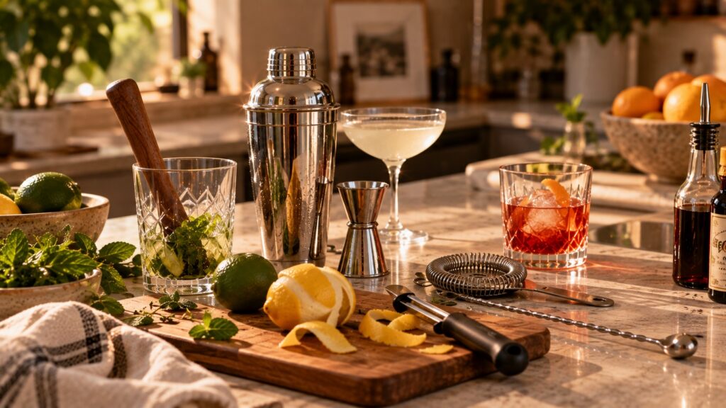 Essential home bar tools on a kitchen counter, including a cocktail shaker, jigger, strainer and bar spoon, with a muddler in a glass and fresh citrus peels beside a peeler.