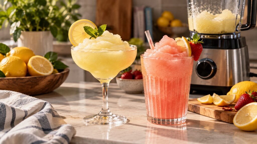 Two frozen lemonades, one yellow in a coupe glass and one pink in a tumbler, on a sunny kitchen counter beside a blender, fresh lemons and strawberries.