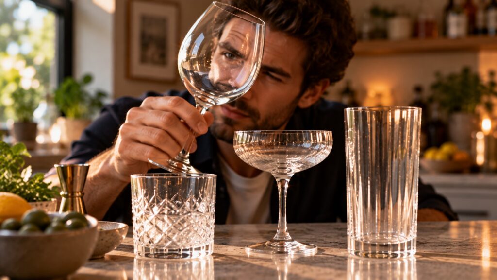 Man looking through a wine glass with a rocks glass, coupe and highball arranged on the kitchen counter in front of him.