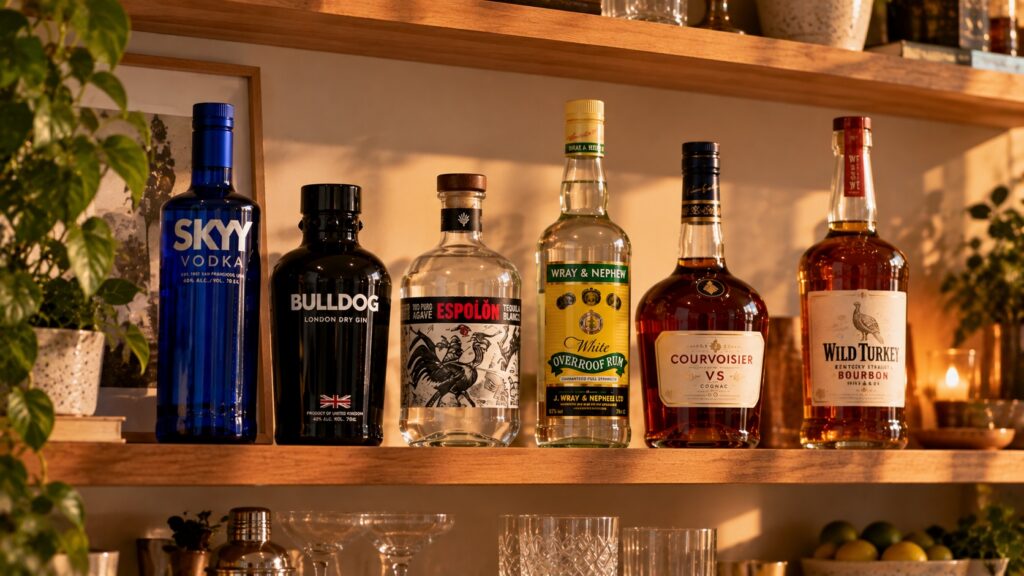 SKYY Vodka, Bulldog Gin, Espolòn Tequila, Wray & Nephew rum, Courvoisier Cognac and Wild Turkey Bourbon displayed on a warm wooden home bar shelf.