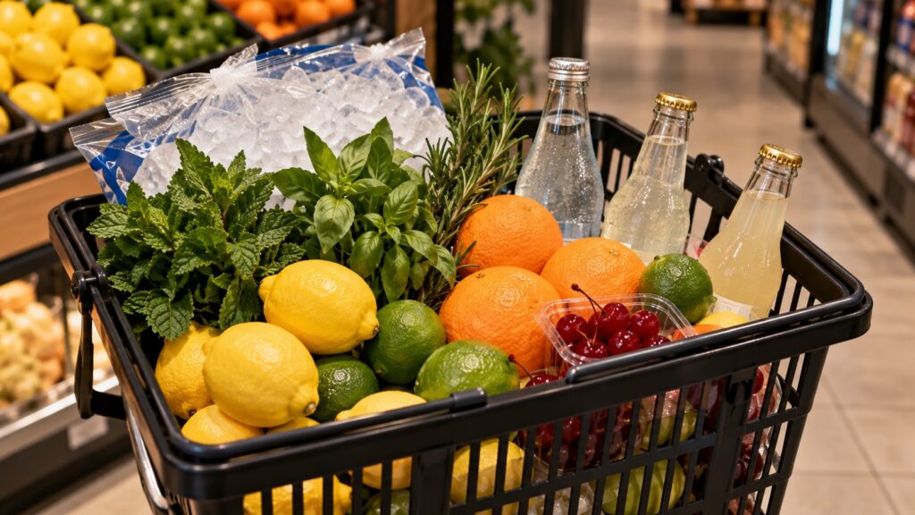 Supermarket basket filled with lemons, limes, oranges, fresh herbs, cocktail cherries, bottled mixers and bags of ice.