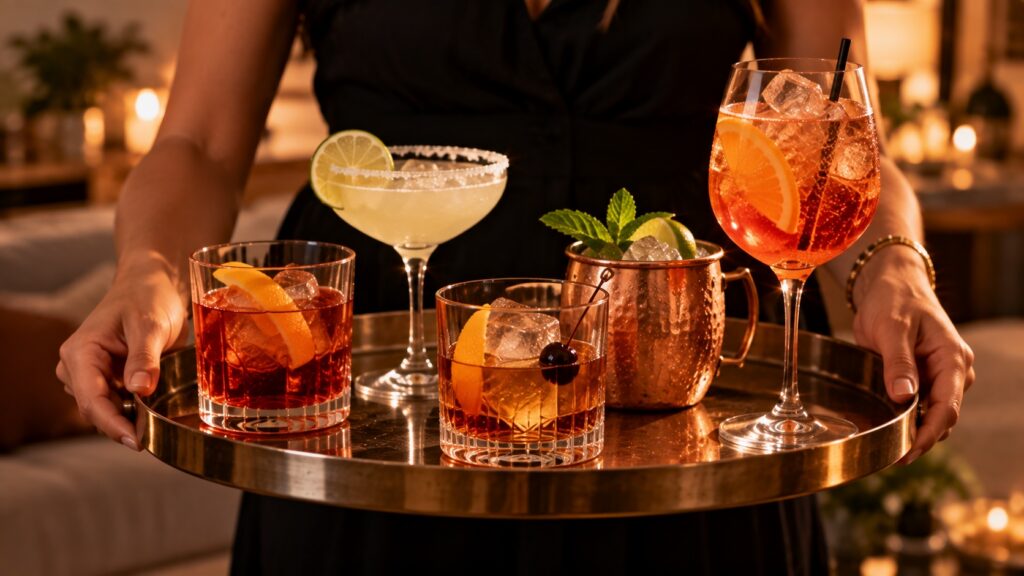 Woman holding a tray with five classic cocktails: a Negroni, Margarita, Old Fashioned, Moscow Mule and Aperol Spritz.