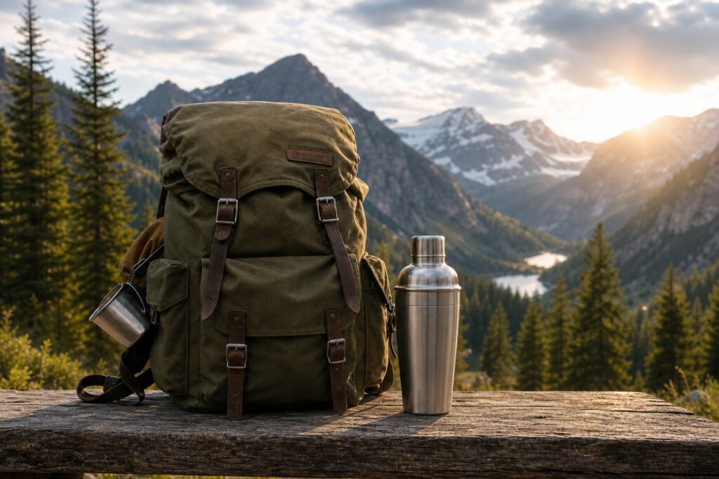 An outdoor bench scene with a camping backpack and a plain unbranded shaker.