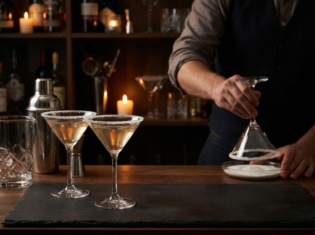 A person rimming a Martini glass with sugar at a candlelit home bar, with two finished sugared Martini glasses in the foreground