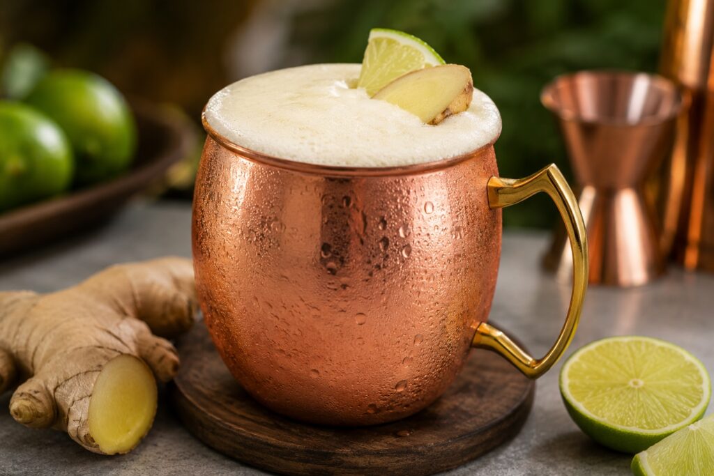 A Brazilian Moscow Mule served in a chilled copper mug topped with creamy ginger foam and garnished with fresh ginger and a lime wedge.