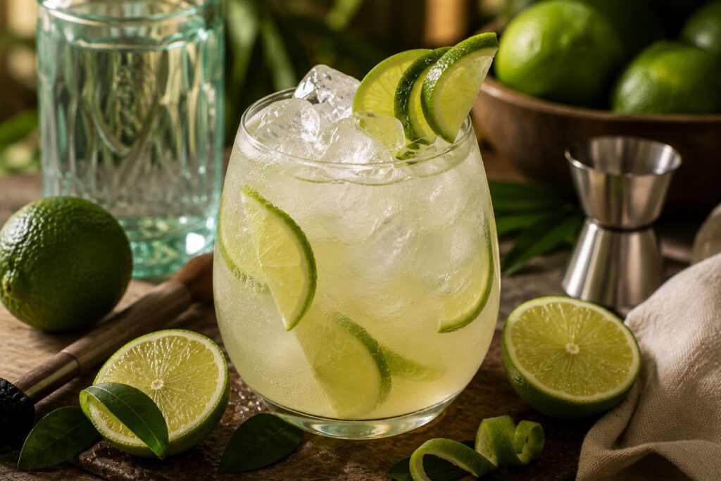 A Brazilian Lime Gin cocktail served over ice in a stemless glass with fresh lime slices and a lime wedge garnish.