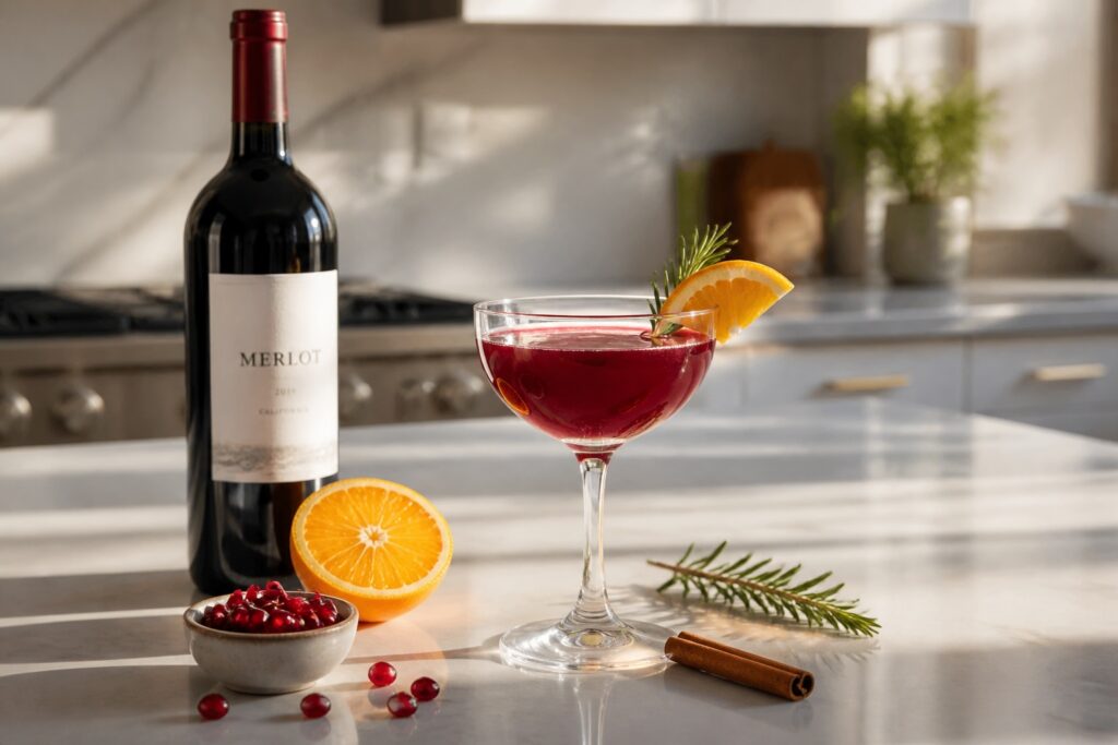 Caribou cocktail in a clear glass on a bright kitchen counter, with ingredients beside it.