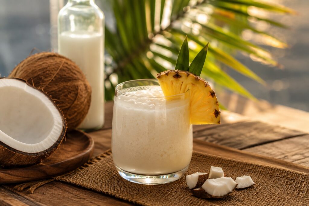 A creamy Batida de Coco cocktail served over ice in a rocks glass, garnished with a pineapple wedge and surrounded by fresh coconut on a rustic wooden table.