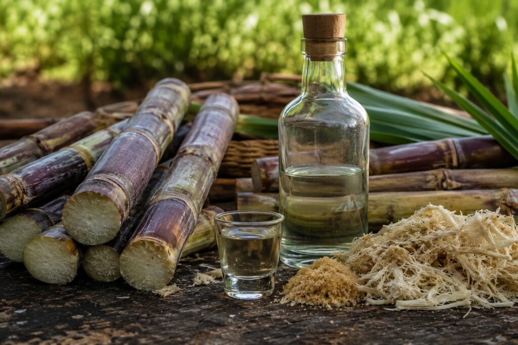 A clear bottle of cachaça and a filled shot glass displayed alongside freshly cut sugarcane stalks and sugarcane fiber on a rustic wooden table.