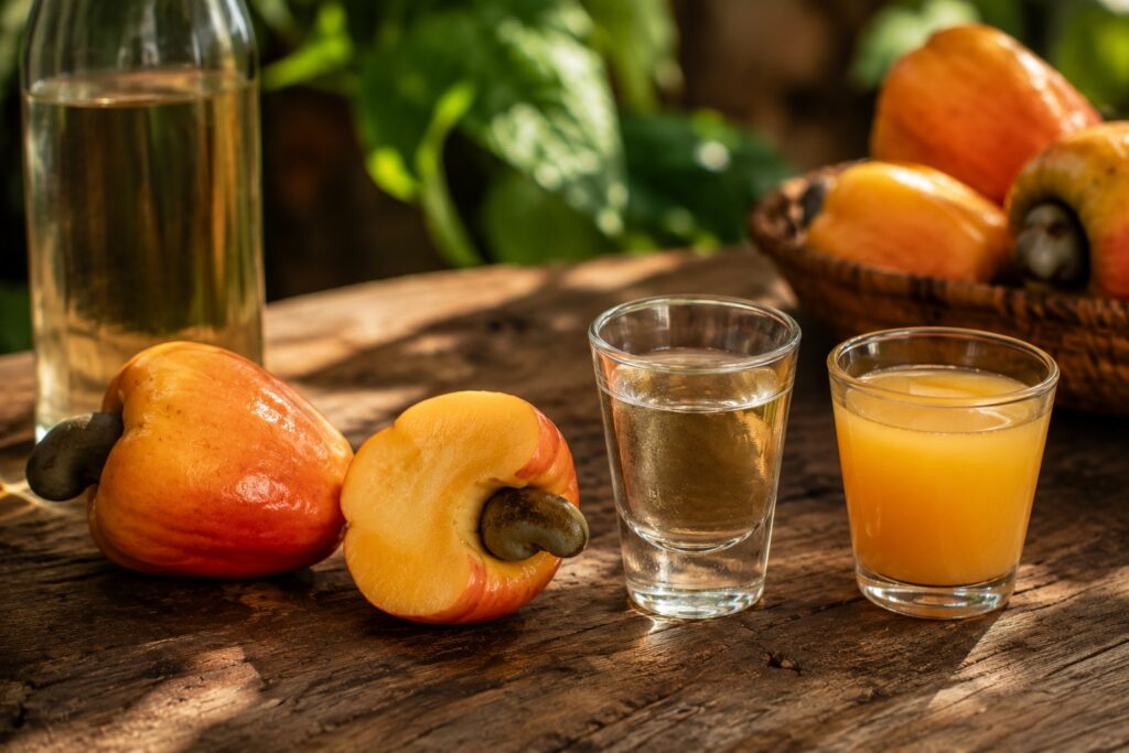 The ritual of Caju Amigo, with cachaça and cashew fruit and juice