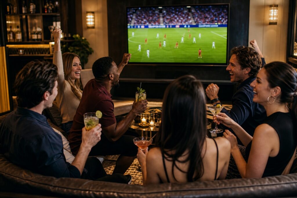 Friends cheering on a football match while holding cocktails in a stylish lounge