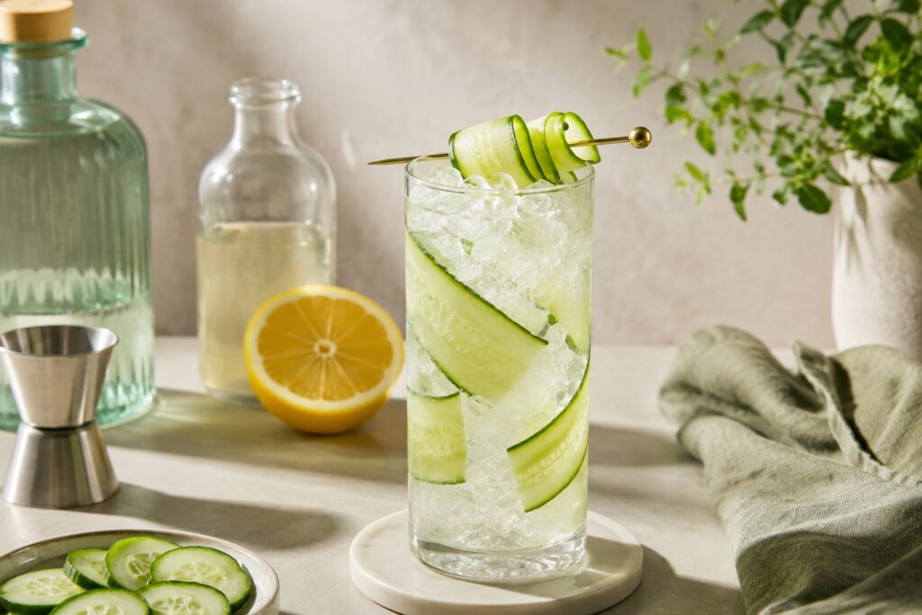 A sparkling Cucumber Collins served in a tall highball glass filled with crushed ice, layered with thin cucumber ribbons and topped with a curled cucumber garnish.