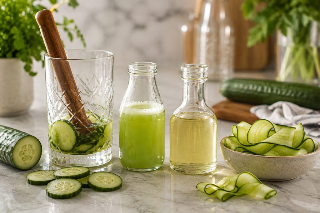 A bright kitchen countertop displaying four ways to use cucumber in cocktails: fresh cucumber slices gently muddled in a mixing glass, freshly made cucumber juice in a small bottle, homemade cucumber syrup in a glass bottle, and delicate cucumber ribbons arranged in a bowl for garnishing cocktails.